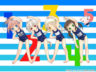 Anime girls bathing suits pig - the wall behind them free wallpaper