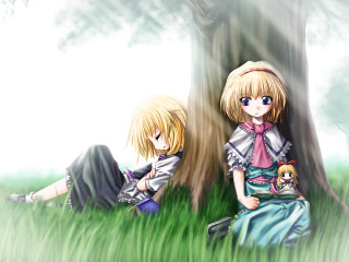 Anime forest sitting characters dog - the grass next free wallpaper