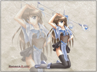 Anime girl sword kneeling brownhair - a dress free wallpaper