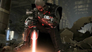 Man kneeling lightsaber dark room - a giant object in the background free wallpaper