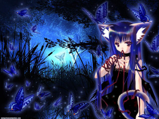 Blue hair cat costume butterflies - an anime drawing free wallpaper