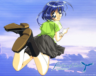 Girl flying backpack bluehair striped - her shoulder free wallpaper