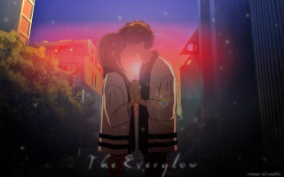 Couple kissing cityscape night fireworks - kyoani free wallpaper