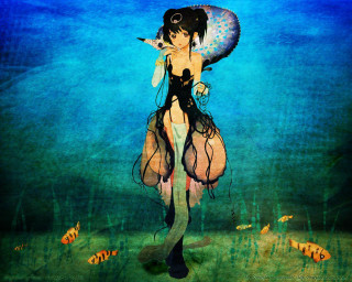 Woman parasol underwater fish handocean - fish free wallpaper