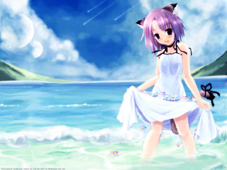 Girl white dress ocean cat - her head and a cat tail free wallpaper