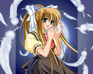 Anime girl white feathers wings - her mouth free wallpaper