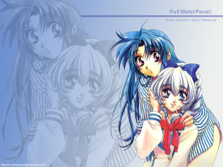Anime girls hug blue background - serial art free wallpaper