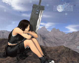 Fantasy woman sitting rock sword - final free wallpaper for desktop