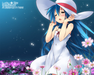 Blue hair girl white dress - a blue sky background free wallpaper