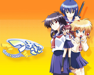 Anime girls guns blue orange - a yellow background free wallpaper