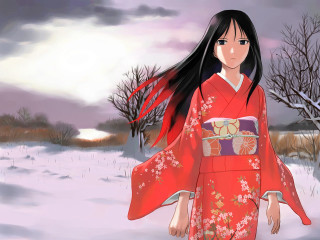 Woman red kimono snow nature - the background and a sky free wallpaper
