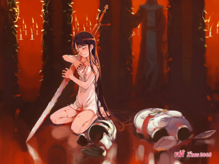 Woman sword demon blood fire - a fine art painting free wallpaper