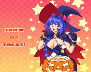 Cartoon girl holding pumpkin trick - a trick free wallpaper
