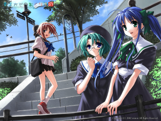 Three anime girls stairs camera - their hipss free wallpaper