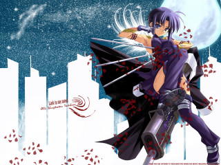 Anime sword city snow moon - his hand and a city in the background free wallpaper