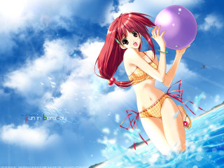 Girl bikini purple ball ocean - a blue sky background free wallpaper for desktop