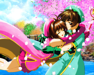 Anime hugging couple cherry blossoms - pink flower free wallpaper for desktop