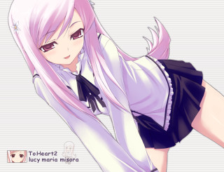 Pink haired girl white shirt - her arm behind her back free wallpaper