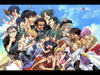 Anime group posing blue sky - a picture together in front free wallpaper