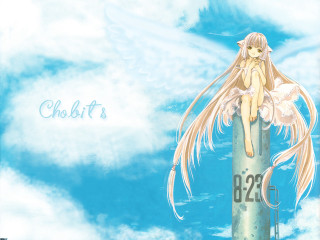Anime girl sitting pole clouds - a sky background behind her free wallpaper