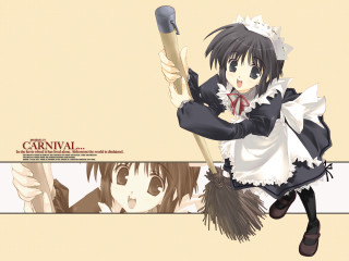 Anime maid broom portrait joyful - a detailed drawing free wallpaper