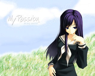 Anime girl field bush sky - purism free wallpaper for desktop