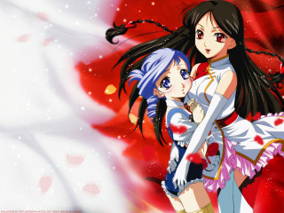 Anime hugging girls blood rose - a white background behind them free wallpaper