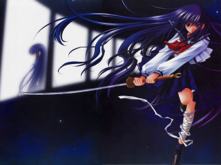 Woman sword bluehair night star - her hand and a man free wallpaper