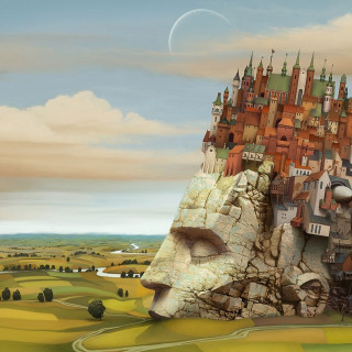 Surreal castle face landscape painting - a moon in the sky free wallpaper