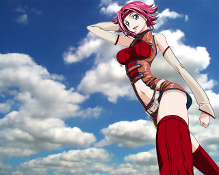 Red outfit giantess sky anime - her arm behind her back free wallpaper for desktop
