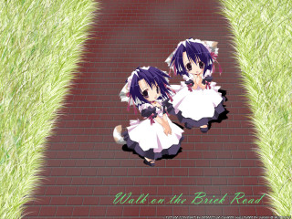 Anime girls brick road outdoors - rendered free wallpaper