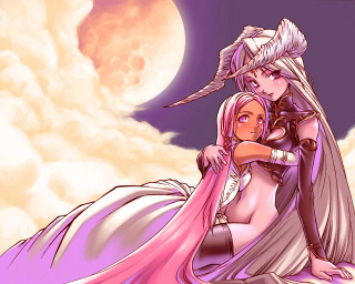 Full moon hugging anime girls 2 - high fantasy free wallpaper