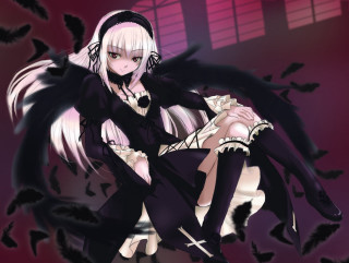 White hair black wings gothic - black wing free wallpaper