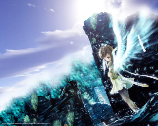 Girl sword wave sky castle - white cloud free wallpaper for desktop