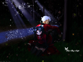 Anime couple night woods moon - ufotable free wallpaper