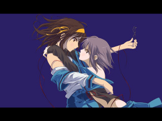 Anime couple hug purple background - a blue sky behind them free wallpaper
