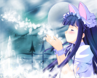 Girl bunny ears blowing bubble - a blue sky background free wallpaper for desktop