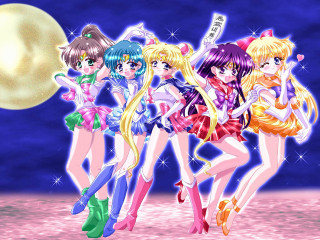 Anime girls beach night fullmoon - net art free wallpaper