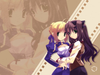 Anime girls hugging filmstrip cat - the bottom free wallpaper