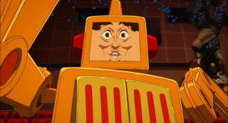 Cartoon character big robot red - a red brick wall behind free wallpaper