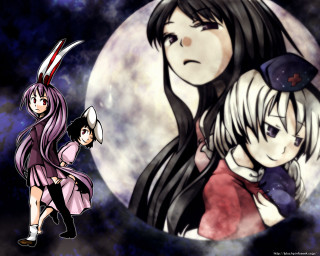 Moon girls anime ears bamboo - a full moon behind them free wallpaper