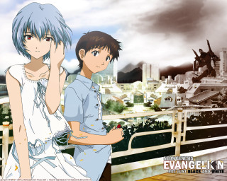 Bridge cityscape blue brown characters - a couple of anime characters free wallpaper