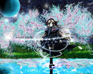 Girl dancing water blue moon - anime visual free wallpaper