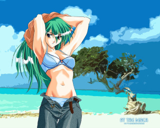Woman beach bikini forest sky - manga and anime 1 9 9 9 free wallpaper