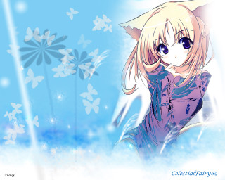Anime girl blonde ears butterfly - white star free wallpaper for desktop