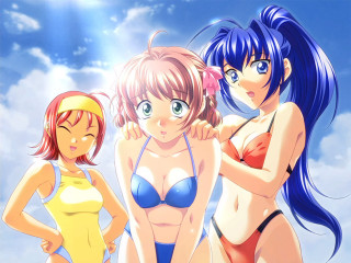 Three anime girls bikinis clouds - cloud behind them free wallpaper