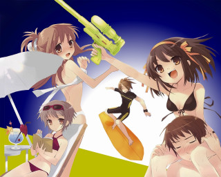 Group women guns beach bikini - a man in the background free wallpaper