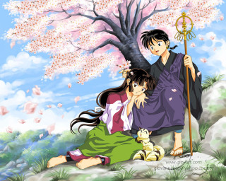 Hanami couple under tree dog - the ground next free wallpaper