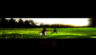 Couple walking green field forest - action painting free wallpaper for desktop