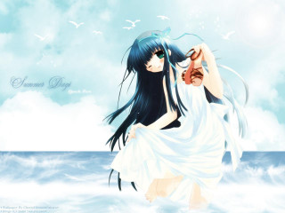 Woman white dress ocean bird - figurative art free wallpaper